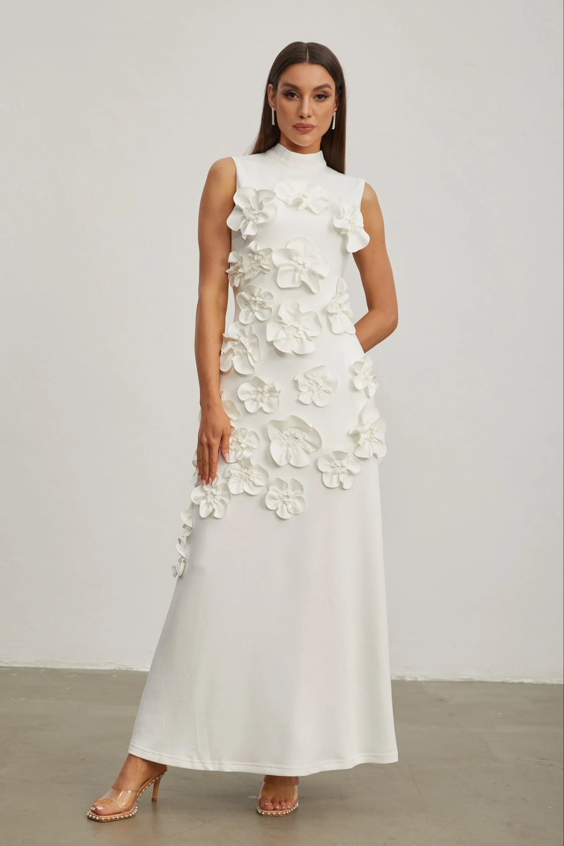 Maxi Dress with High Neckline and Embroidered Floral Detail