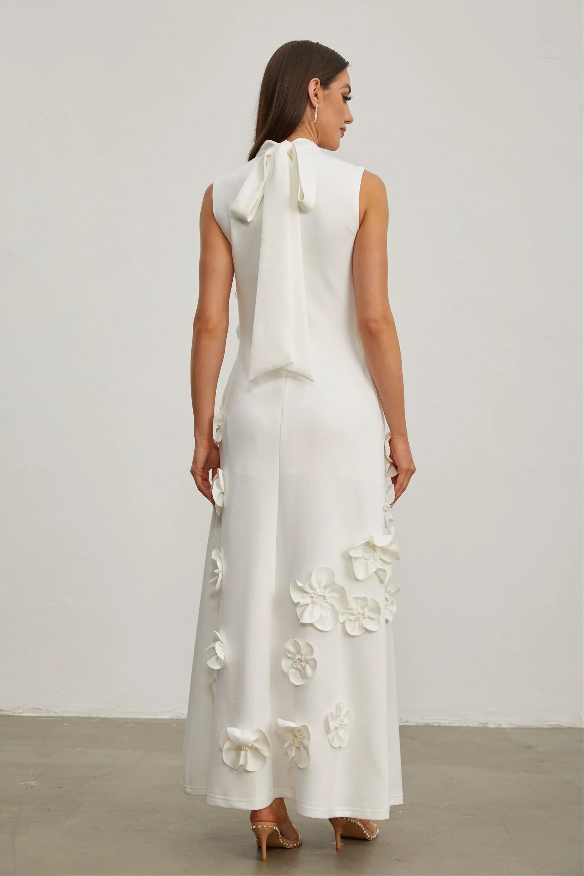 Maxi Dress with High Neckline and Embroidered Floral Detail