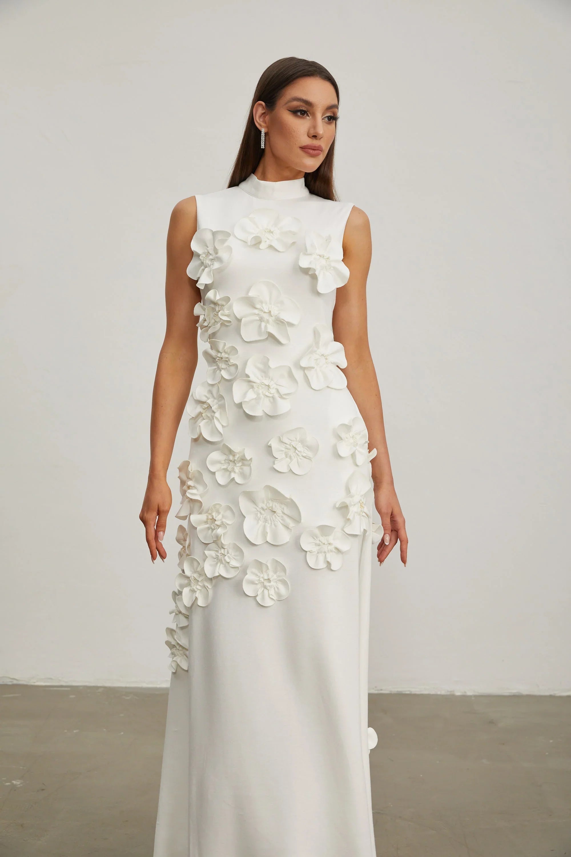 Maxi Dress with High Neckline and Embroidered Floral Detail