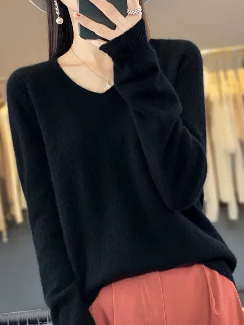Women's V Neck Sweater with Long Sleeves | Relaxed Fit Knit Pullover in Twelve Shades | Size XS-3XL, 12 Colors