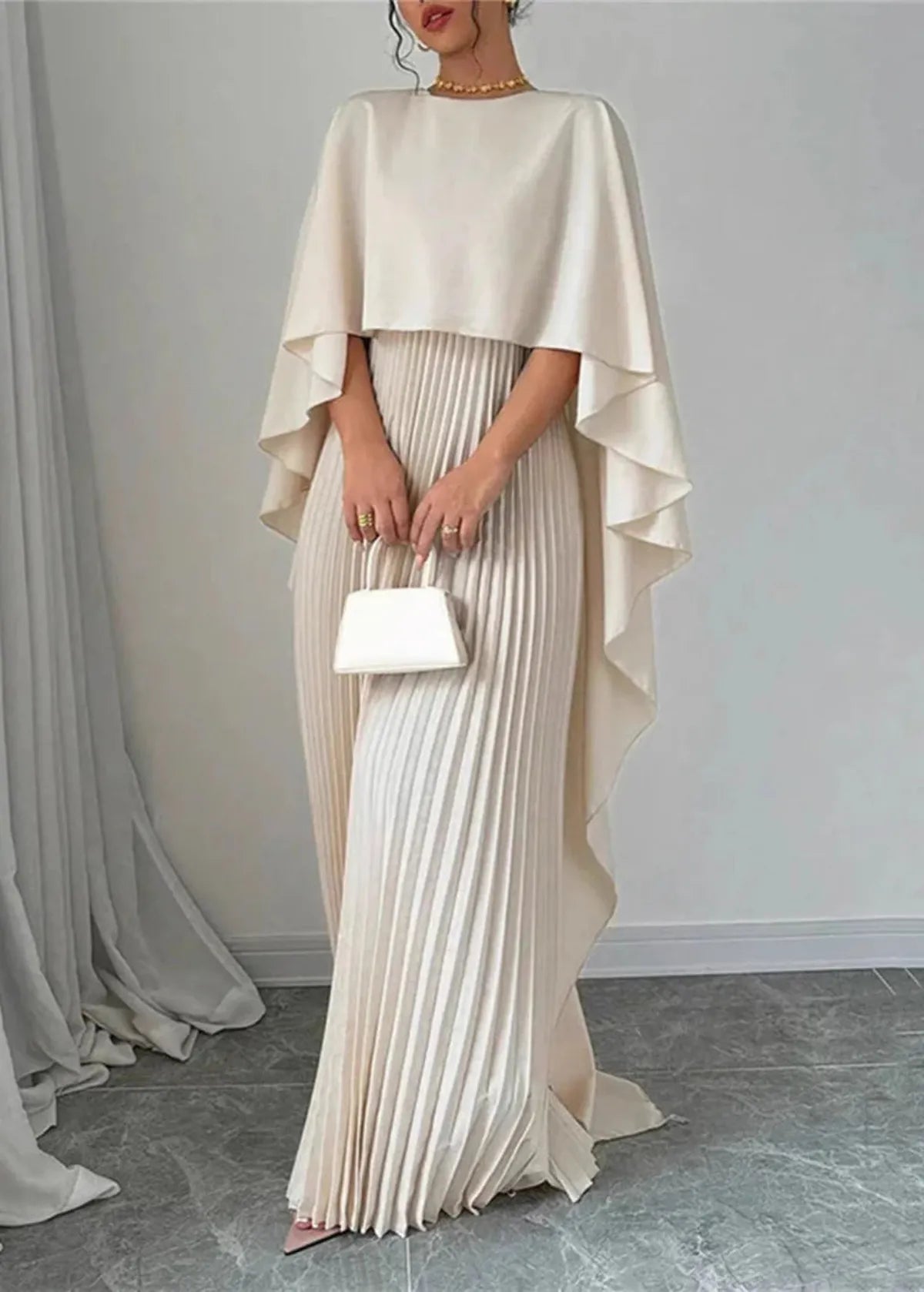 Women's Pleated Maxi Dress with Cape Overlay | High Neckline, Floor Length Skirt | Sizes S to 2XL, 3 Colors