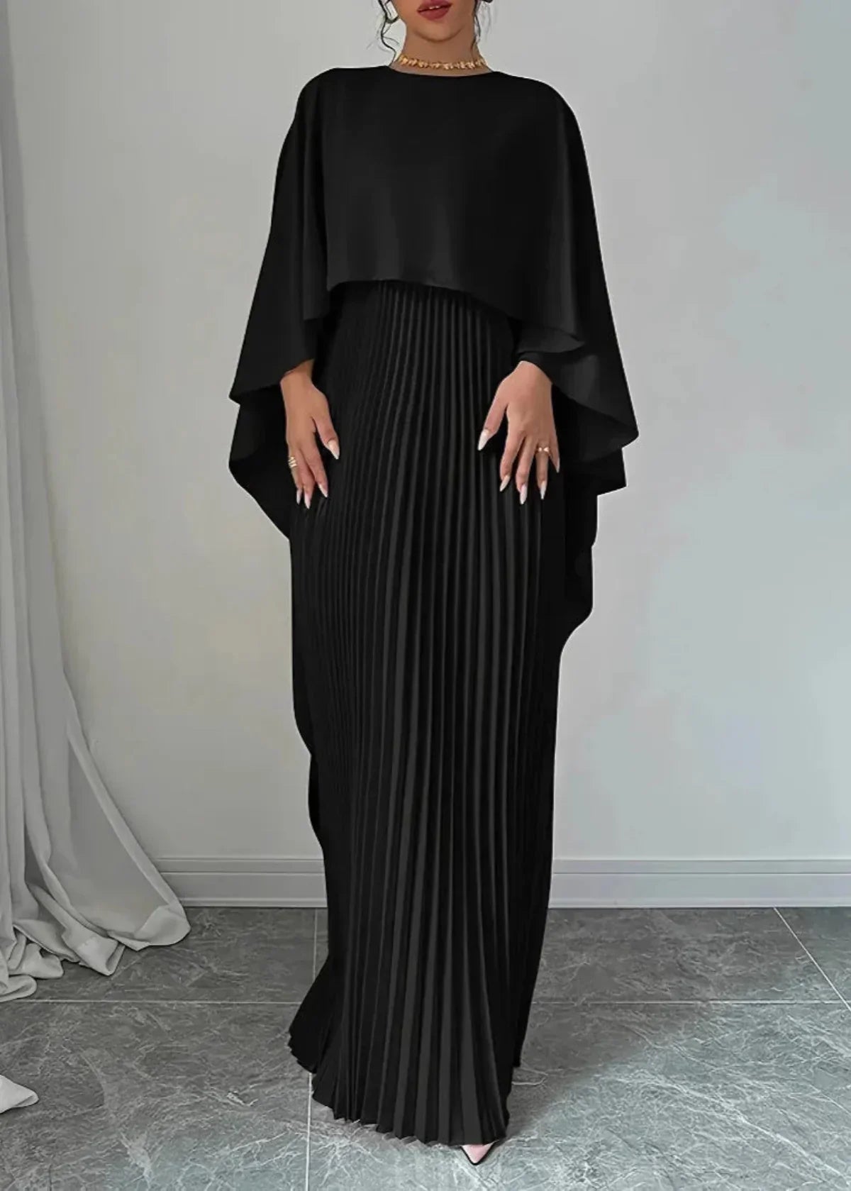 Women's Pleated Maxi Dress with Cape Overlay | High Neckline, Floor Length Skirt | Sizes S to 2XL, 3 Colors