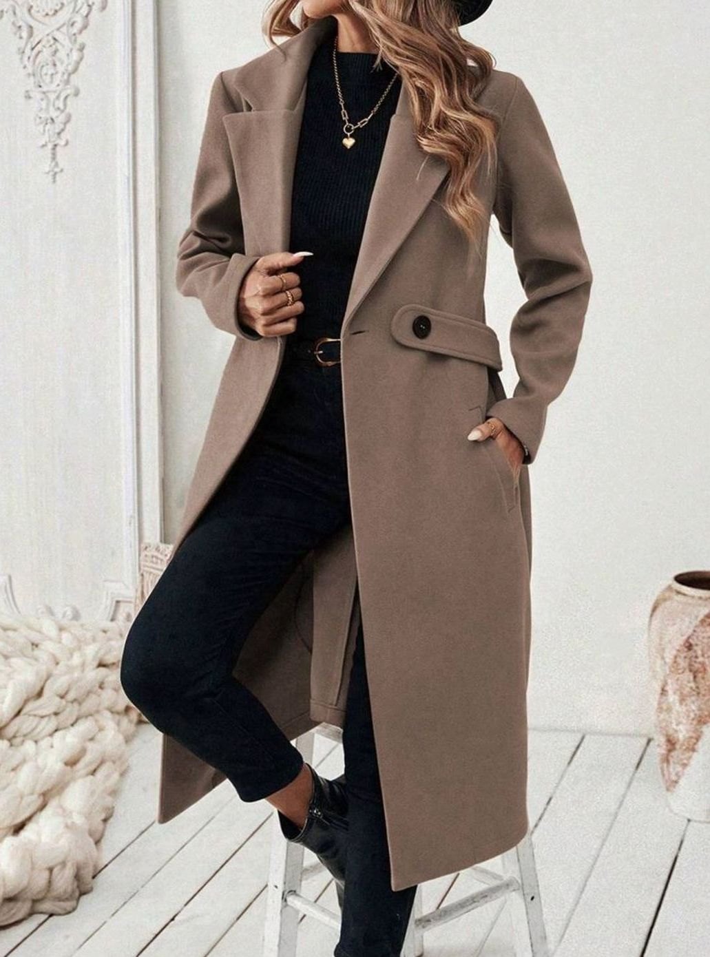 Women's Long Belted Coat with Wide Collar | Below-Knee Overcoat with Double Buttons at the Waist, Wool-Look Fabric | Size S-XL