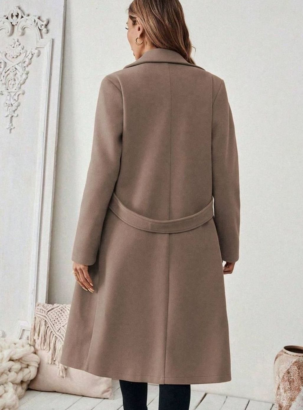 Women's Long Belted Coat with Wide Collar | Below-Knee Overcoat with Double Buttons at the Waist, Wool-Look Fabric | Size S-XL