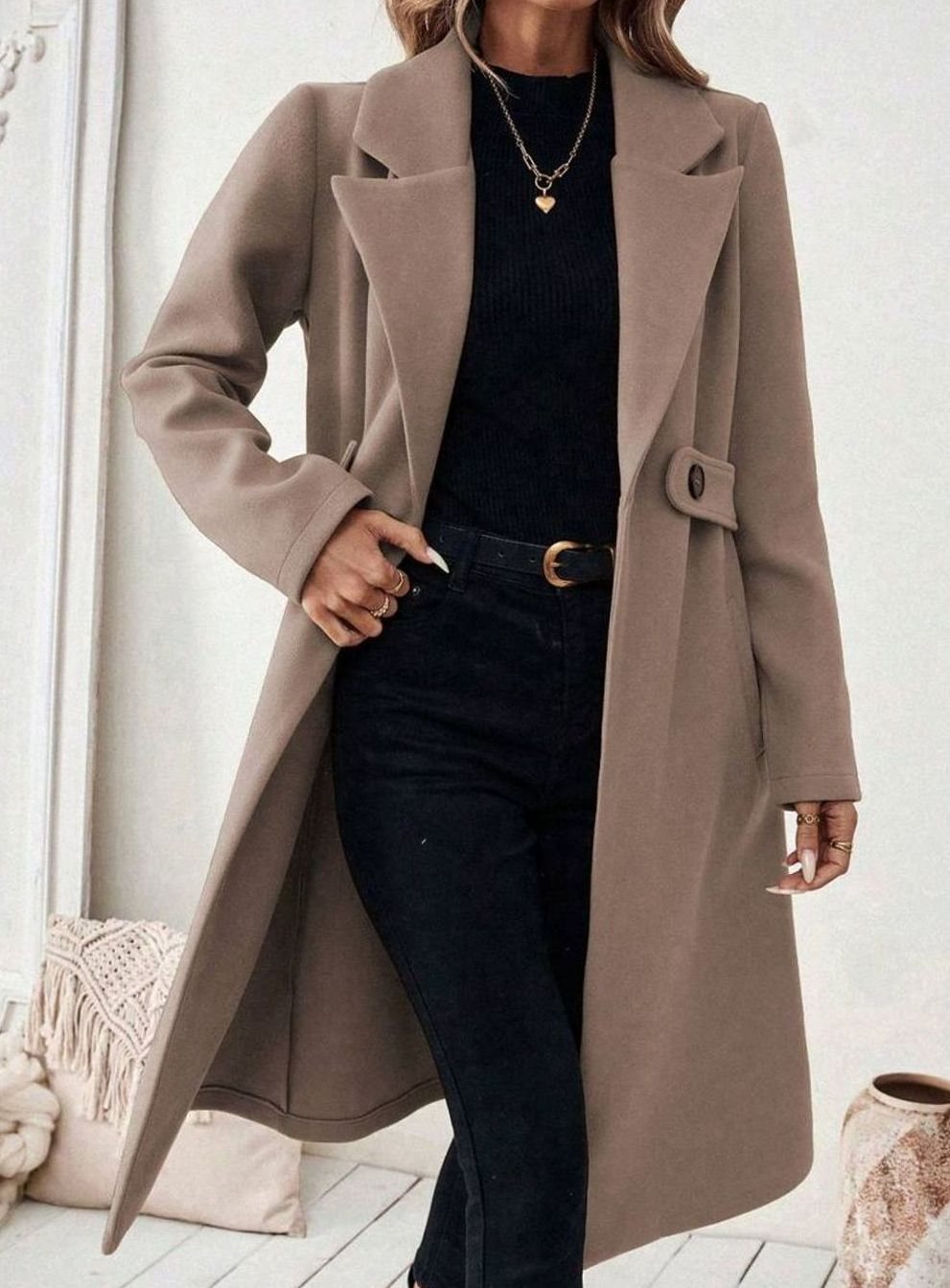 Women's Long Belted Coat with Wide Collar | Below-Knee Overcoat with Double Buttons at the Waist, Wool-Look Fabric | Size S-XL