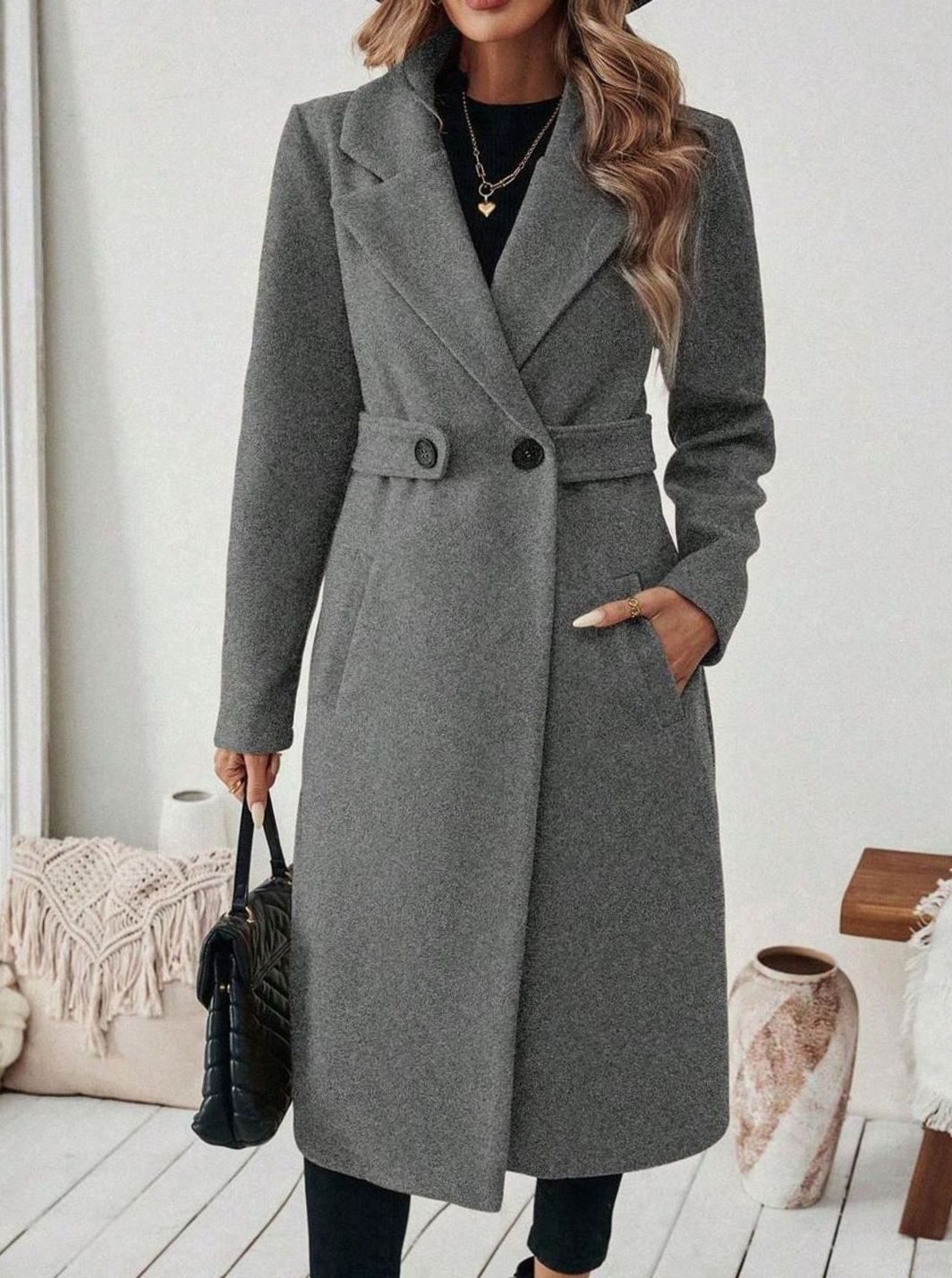 Women's Long Belted Coat with Wide Collar | Below-Knee Overcoat with Double Buttons at the Waist, Wool-Look Fabric | Size S-XL