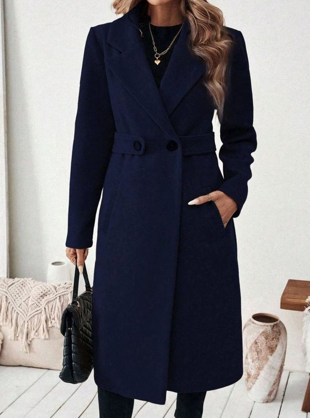 Women's Long Belted Coat with Wide Collar | Below-Knee Overcoat with Double Buttons at the Waist, Wool-Look Fabric | Size S-XL