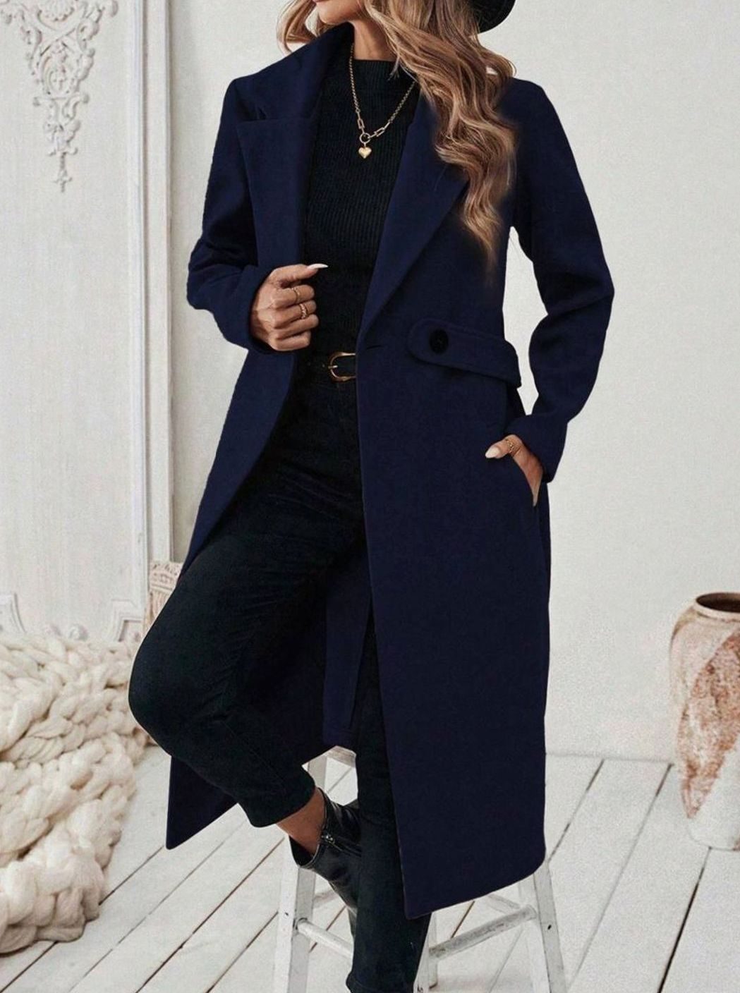 Women's Long Belted Coat with Wide Collar | Below-Knee Overcoat with Double Buttons at the Waist, Wool-Look Fabric | Size S-XL