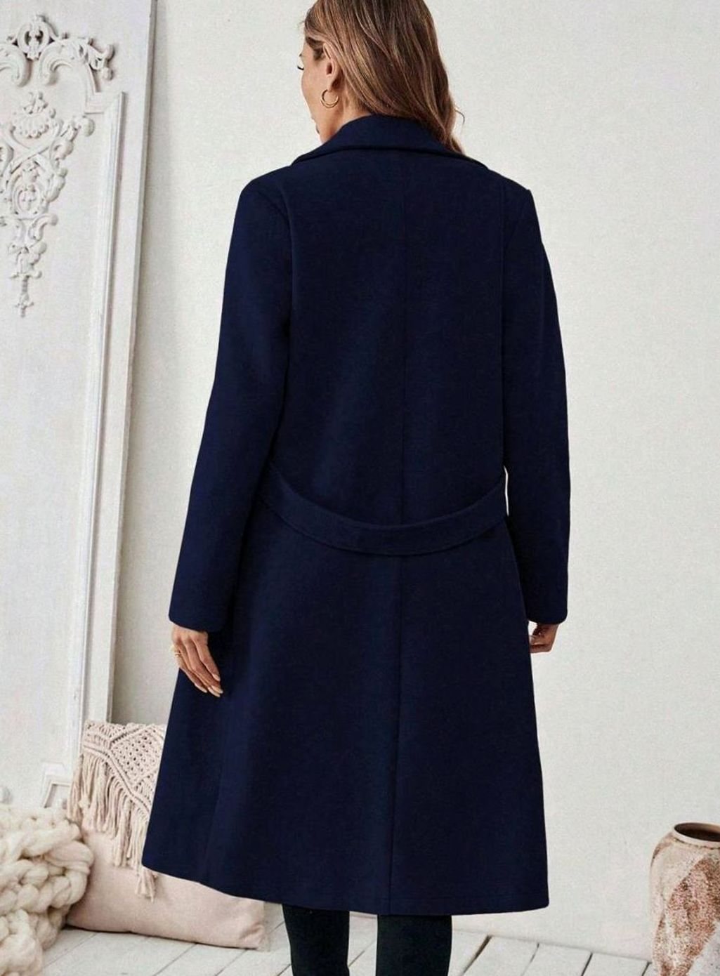 Women's Long Belted Coat with Wide Collar | Below-Knee Overcoat with Double Buttons at the Waist, Wool-Look Fabric | Size S-XL