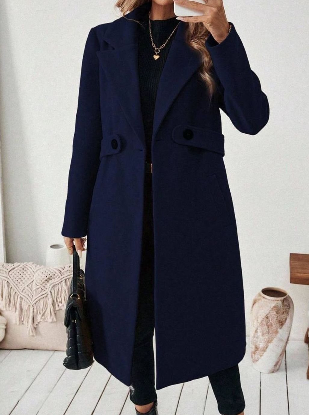 Women's Long Belted Coat with Wide Collar | Below-Knee Overcoat with Double Buttons at the Waist, Wool-Look Fabric | Size S-XL