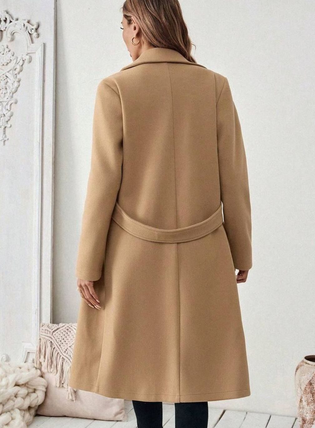 Women's Long Belted Coat with Wide Collar | Below-Knee Overcoat with Double Buttons at the Waist, Wool-Look Fabric | Size S-XL