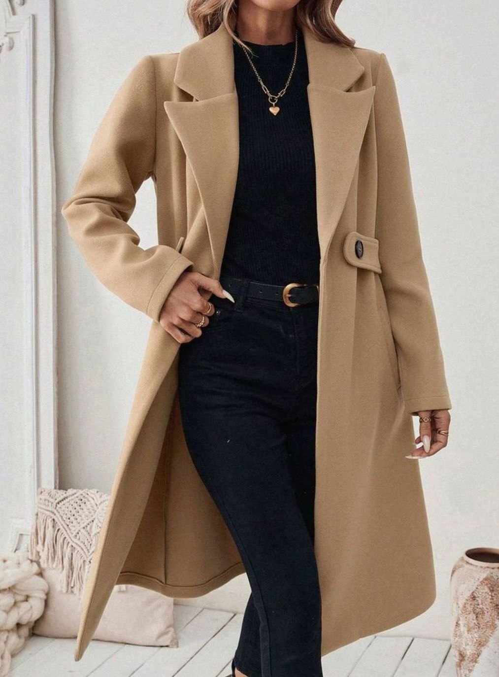 Women's Long Belted Coat with Wide Collar | Below-Knee Overcoat with Double Buttons at the Waist, Wool-Look Fabric | Size S-XL