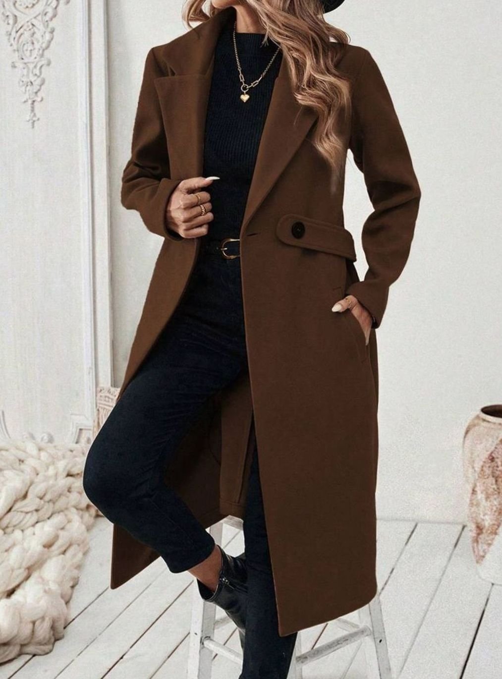 Women's Long Belted Coat with Wide Collar | Below-Knee Overcoat with Double Buttons at the Waist, Wool-Look Fabric | Size S-XL