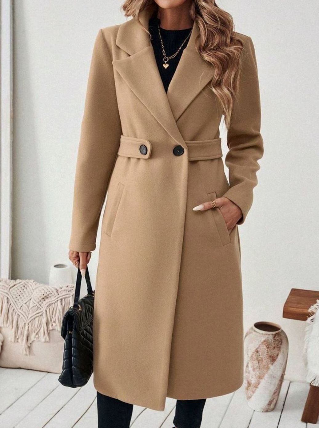 Women's Long Belted Coat with Wide Collar | Below-Knee Overcoat with Double Buttons at the Waist, Wool-Look Fabric | Size S-XL