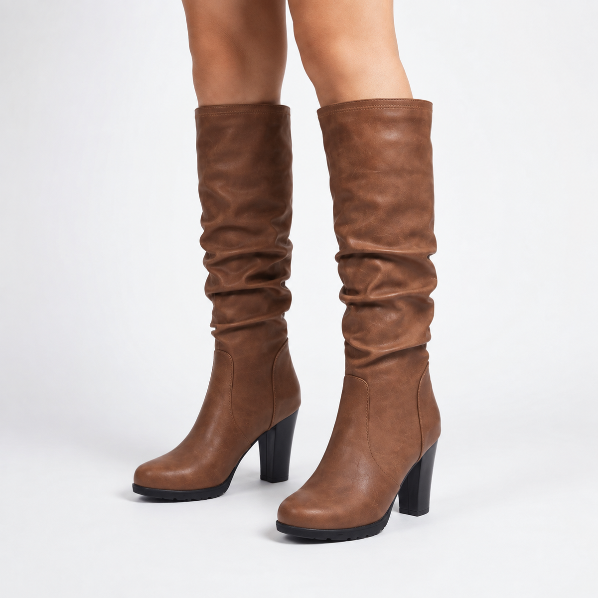 Women's Brown Knee High Boots on a Chunky Block Heel | Slouched Shaft, Inner Zip, Faux Leather | Sizes 3-9