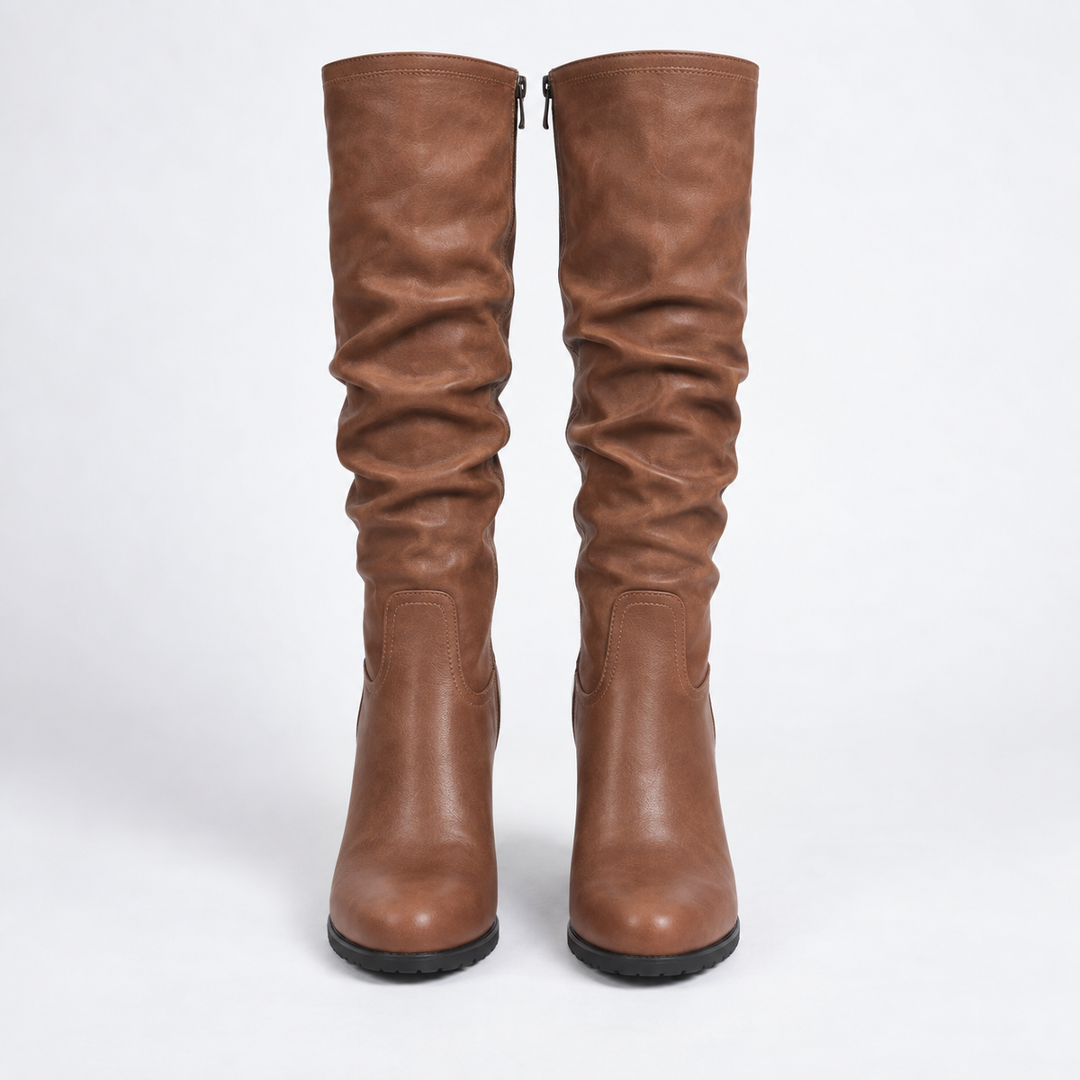 Women's Brown Knee High Boots on a Chunky Block Heel | Slouched Shaft, Inner Zip, Faux Leather | Sizes 3-9