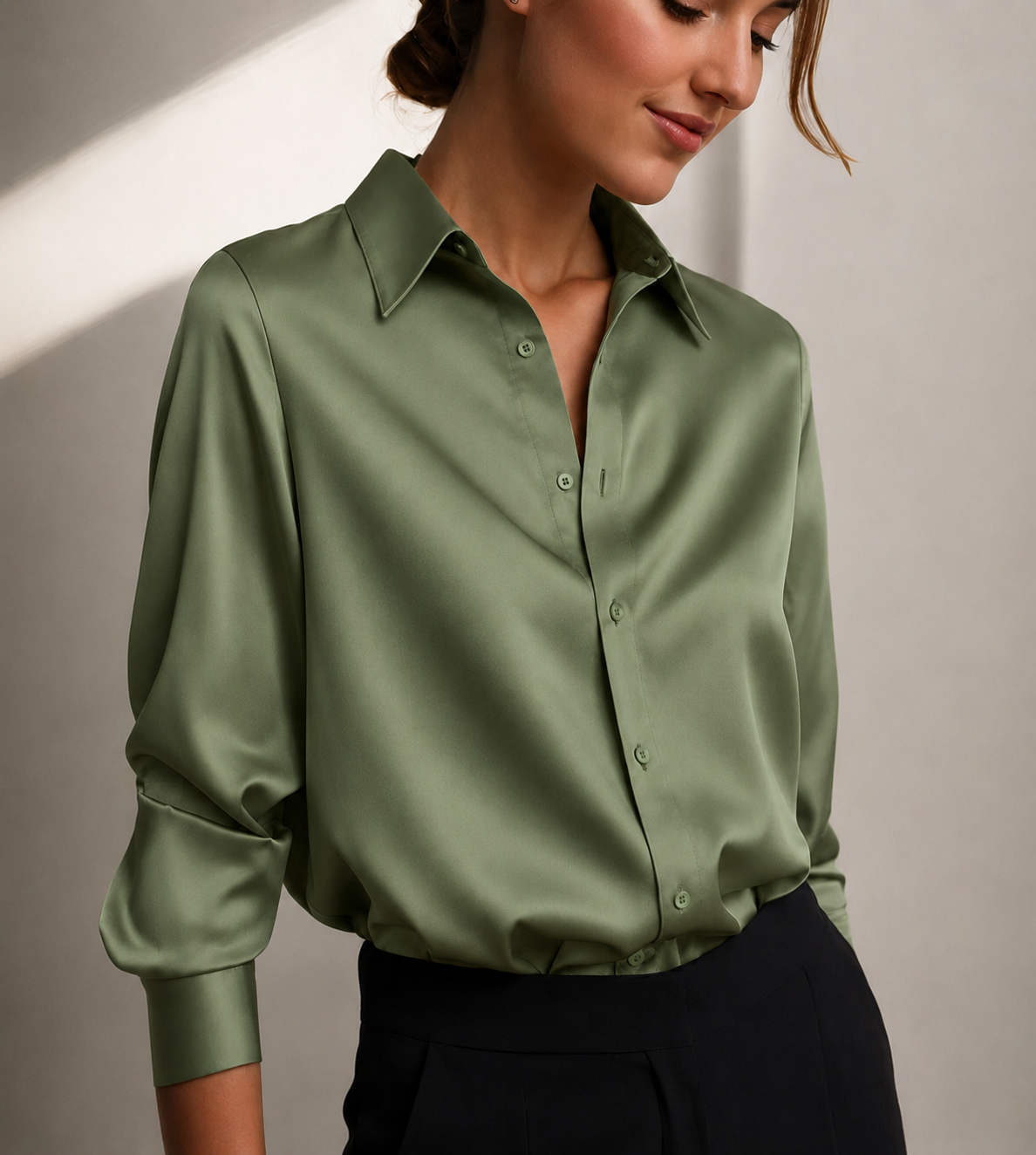 Women's Button Down Blouses with a Point Collar | Long Sleeve Top in Flowy Fabric | Size S-3XL, 4 Colors