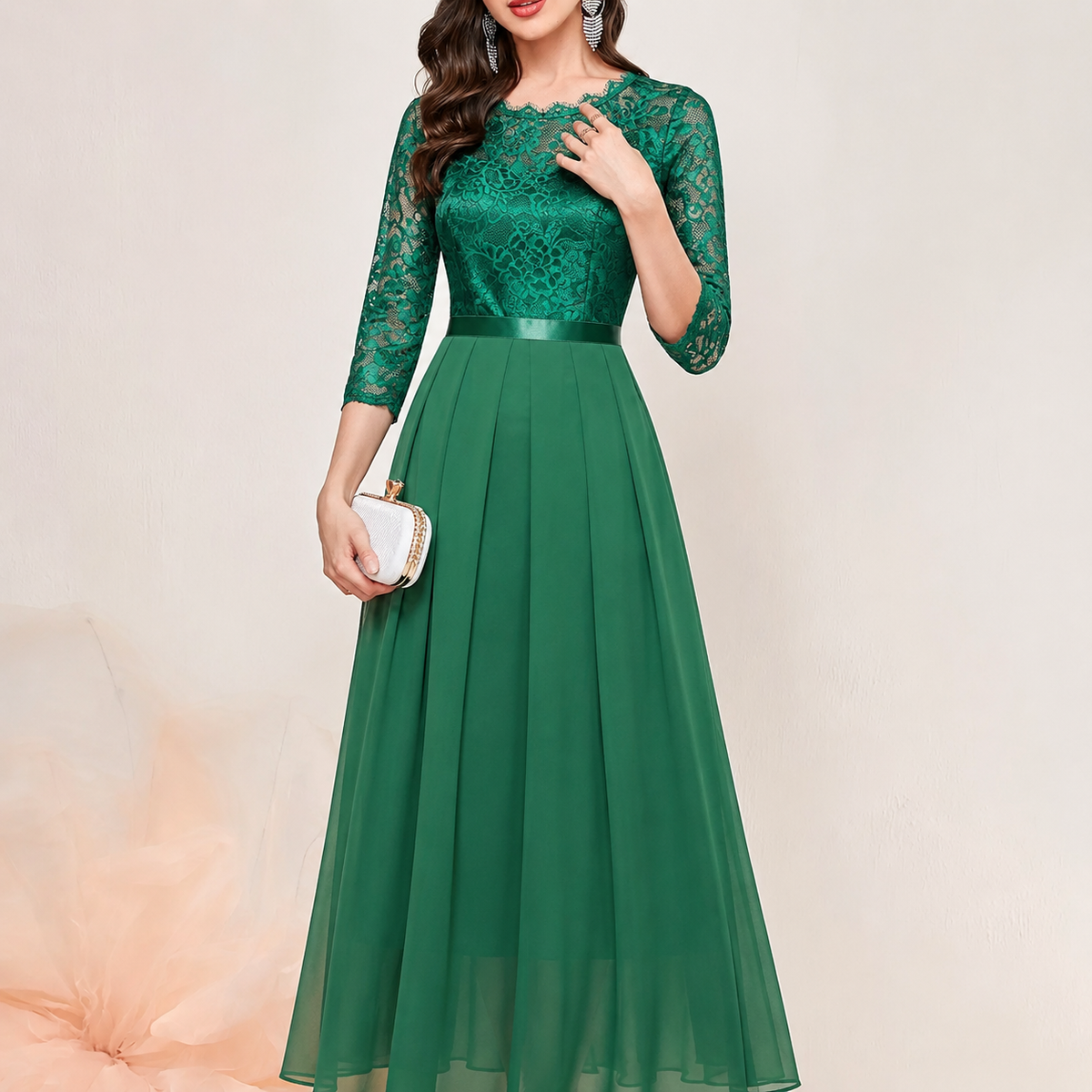 Women's Lace Overlay Maxi Dress with 3/4 Sleeves | Pleated Floor Length Skirt | Size S-2XL, 4 Colors