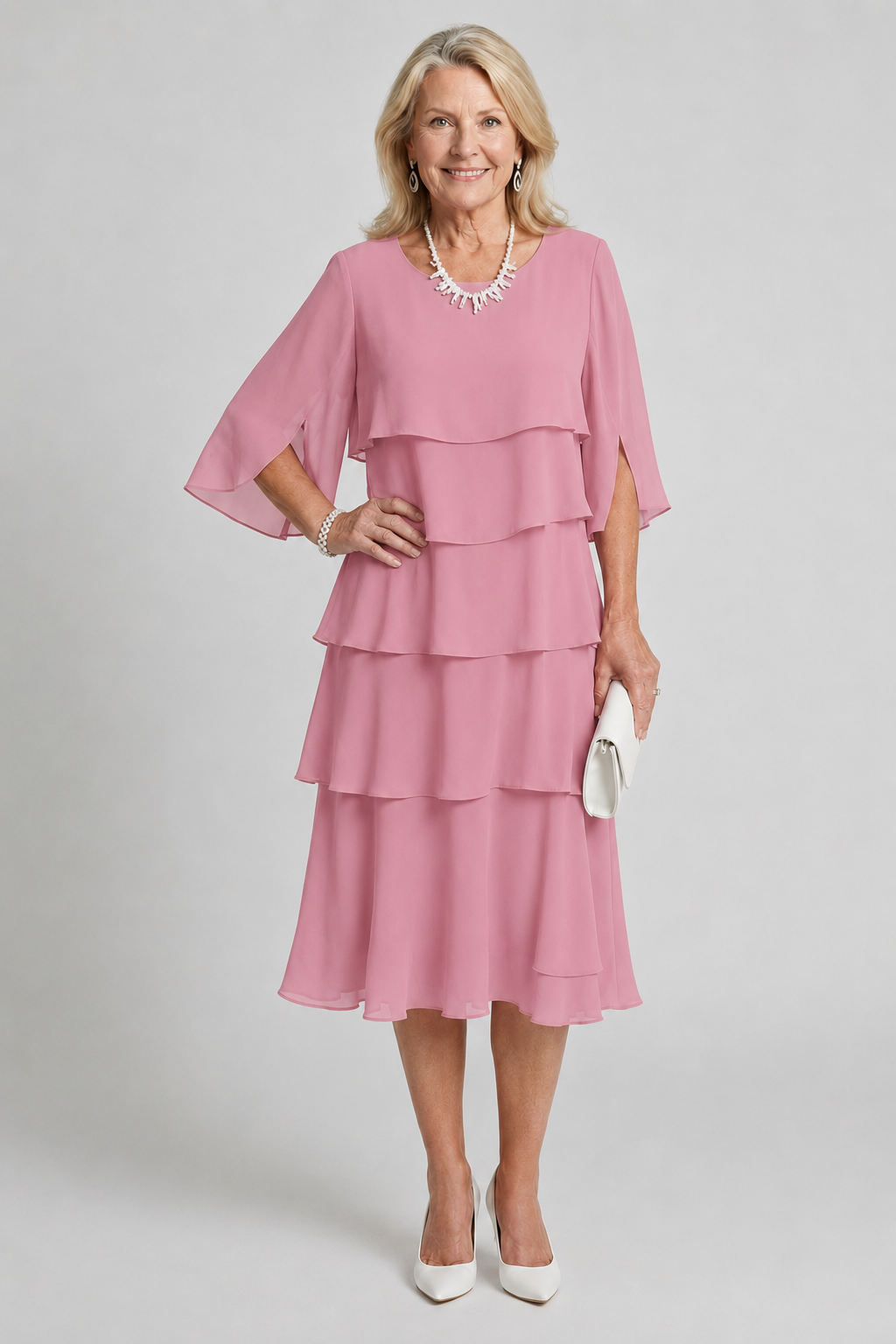 Women's Ruffle Midi Dress with Layered Tiers | Butterfly Sleeves and a Round Neckline for Occasions | Size S-3XL, 4 Colors