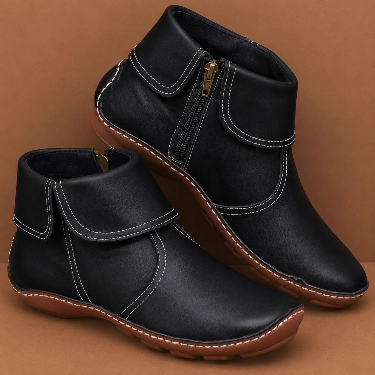 Women's Ankle Boots with Fold-Over Cuff | Hook-and-Loop Strap, Side Zip and Padded Interior | 4 Colors