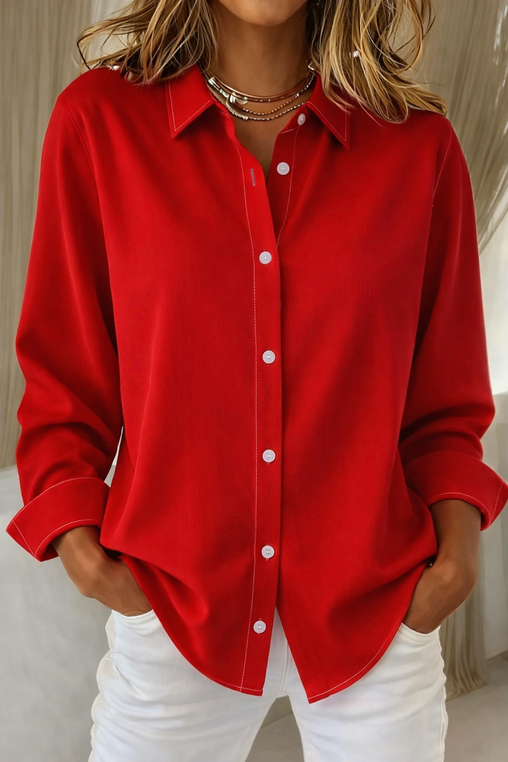 Women's Button Front Shirt with a Structured Collar | Lightweight Breathable Blouses for Women | Size S-5XL, 6 Colors