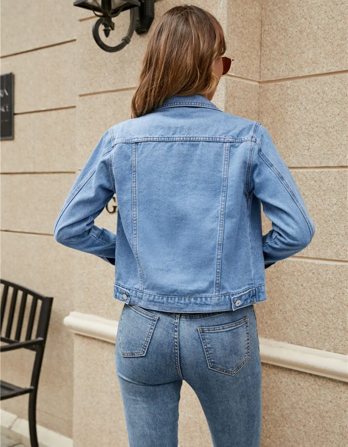 Women's Cropped Denim Jacket with Chest Pockets | Classic Collar, Button Front, Medium Weight with Slight Stretch | Size S-2XL