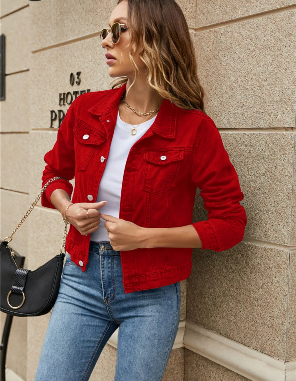 Women's Cropped Denim Jacket with Chest Pockets | Classic Collar, Button Front, Medium Weight with Slight Stretch | Size S-2XL