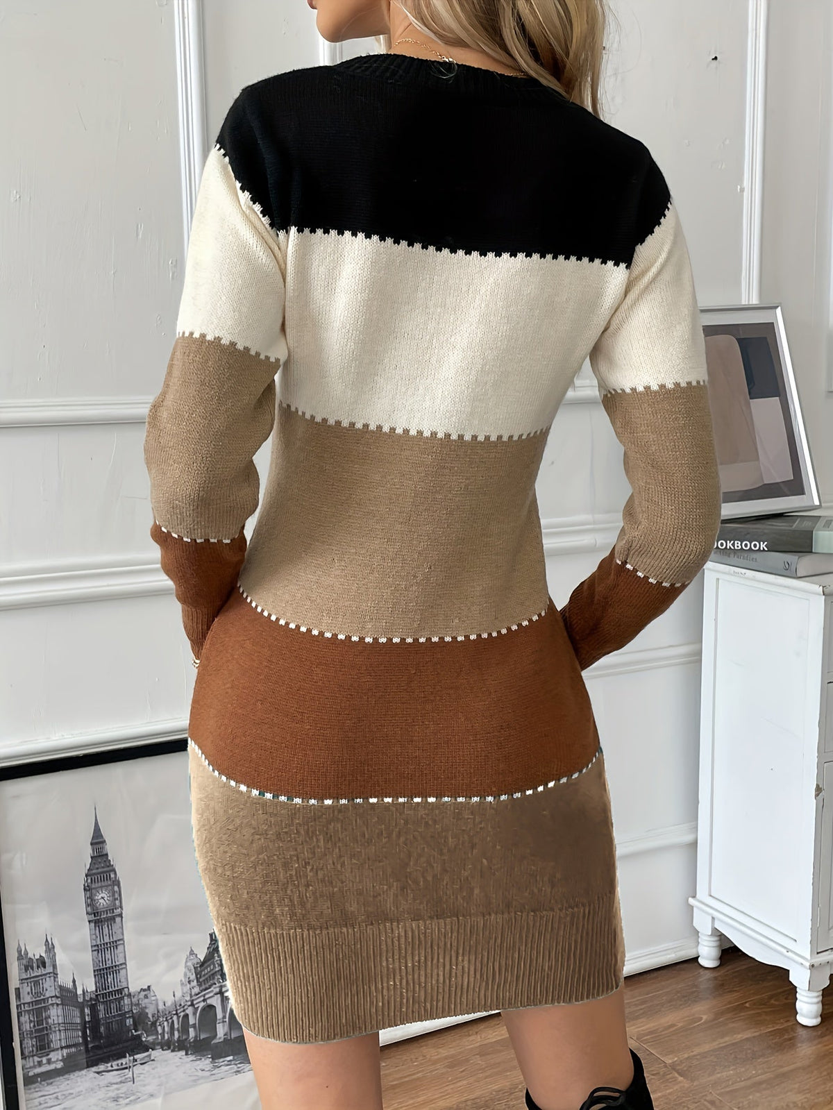Women's Bodycon Sweater Dress with Contrast Whipstitch Trim | Paneled Knit Blocks, Above the Knee | Sizes S-2XL, 5 Colors