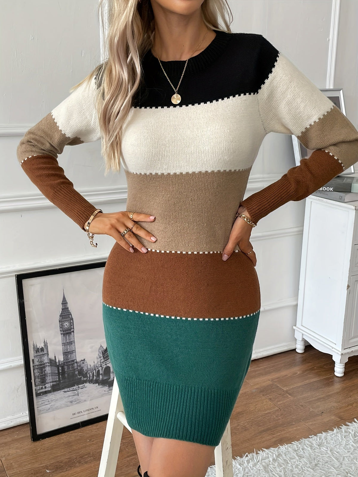 Women's Bodycon Sweater Dress with Contrast Whipstitch Trim | Paneled Knit Blocks, Above the Knee | Sizes S-2XL, 5 Colors