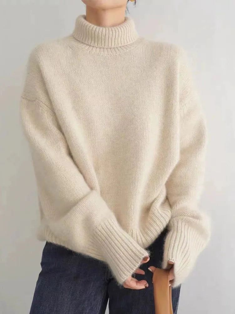 Women's High Collar Knit Sweater | Warm Standing Neckline, Long Sleeves, Relaxed Fit | Sizes S-XL | Beige, Gray, Khaki