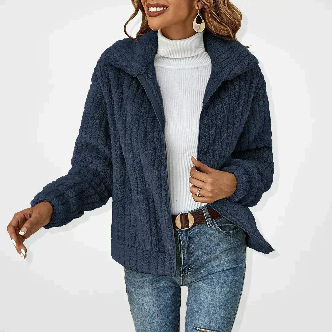 Women's Teddy Fleece Jacket with Zip Front and Fold-Over Collar | Relaxed Fit, Hip Length, Plush and Lightweight | Size S-2XL