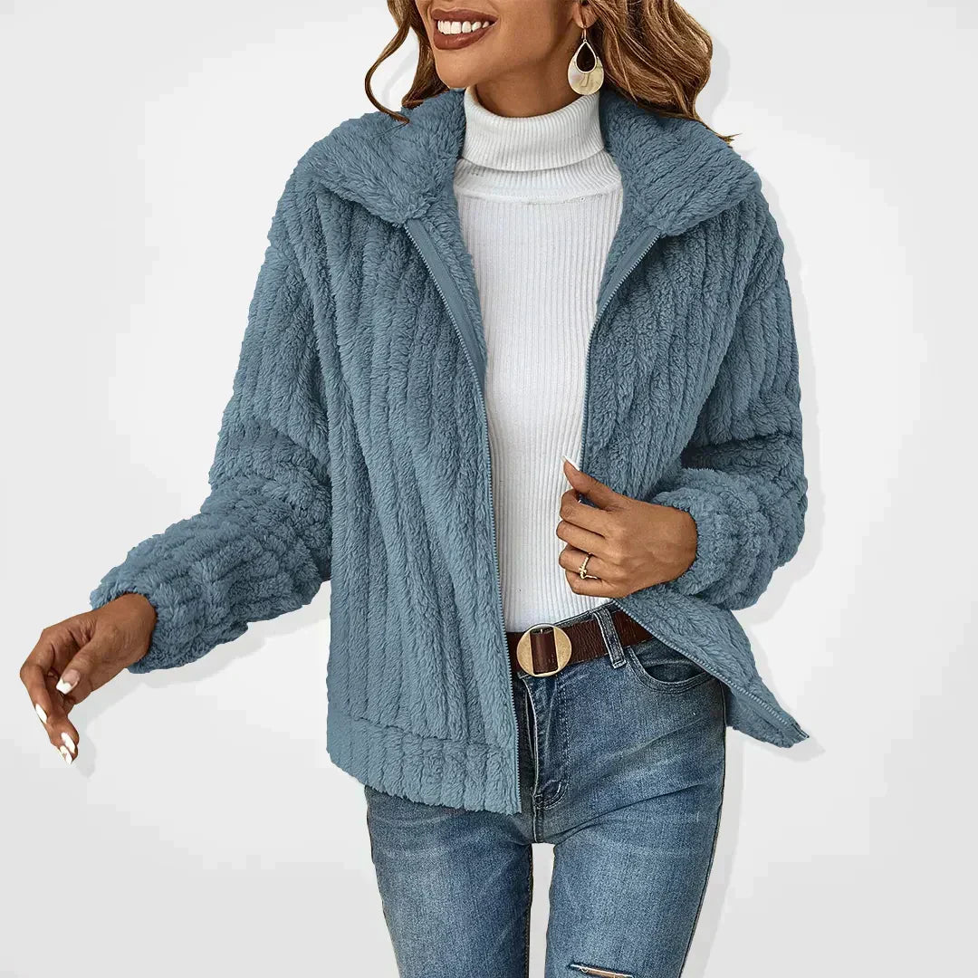 Women's Teddy Fleece Jacket with Zip Front and Fold-Over Collar | Relaxed Fit, Hip Length, Plush and Lightweight | Size S-2XL