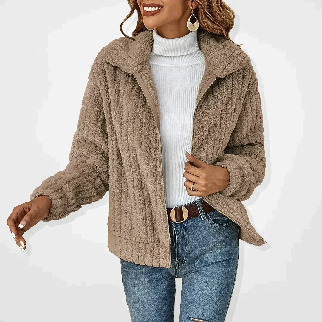 Women's Teddy Fleece Jacket with Zip Front and Fold-Over Collar | Relaxed Fit, Hip Length, Plush and Lightweight | Size S-2XL