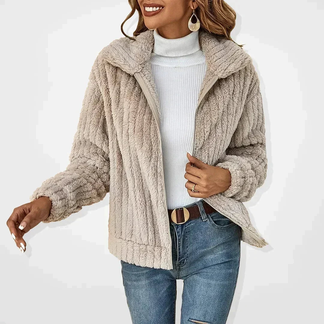 Women's Teddy Fleece Jacket with Zip Front and Fold-Over Collar | Relaxed Fit, Hip Length, Plush and Lightweight | Size S-2XL