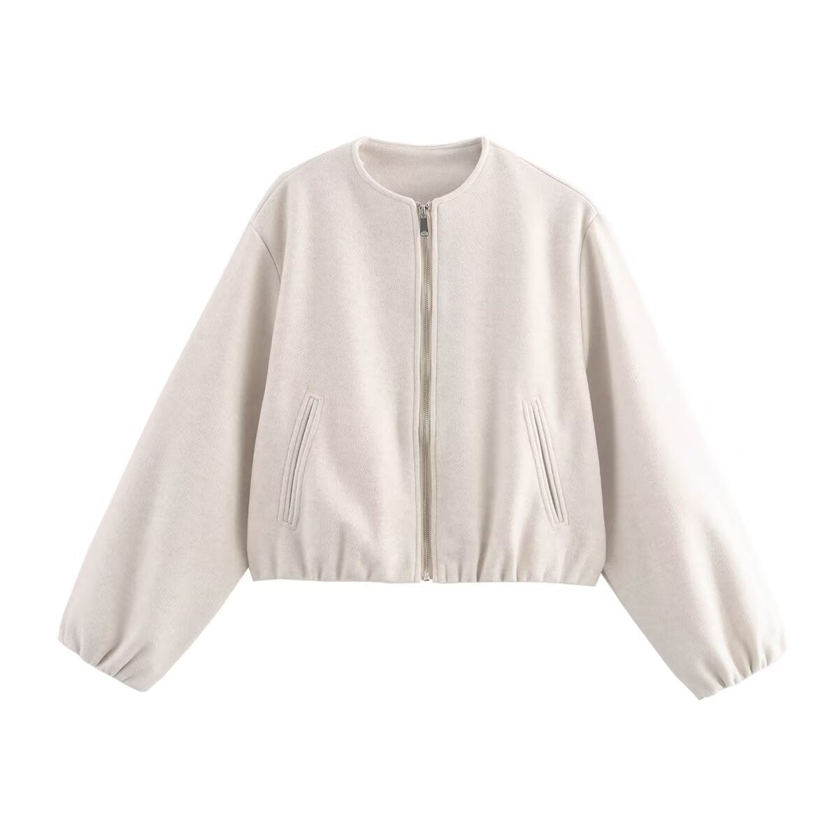 Women's Cropped Bomber Jacket with Zip Front | Collarless, Ribbed Hem and Cuffs, Soft Fleece-Like Fabric | Size S-2XL