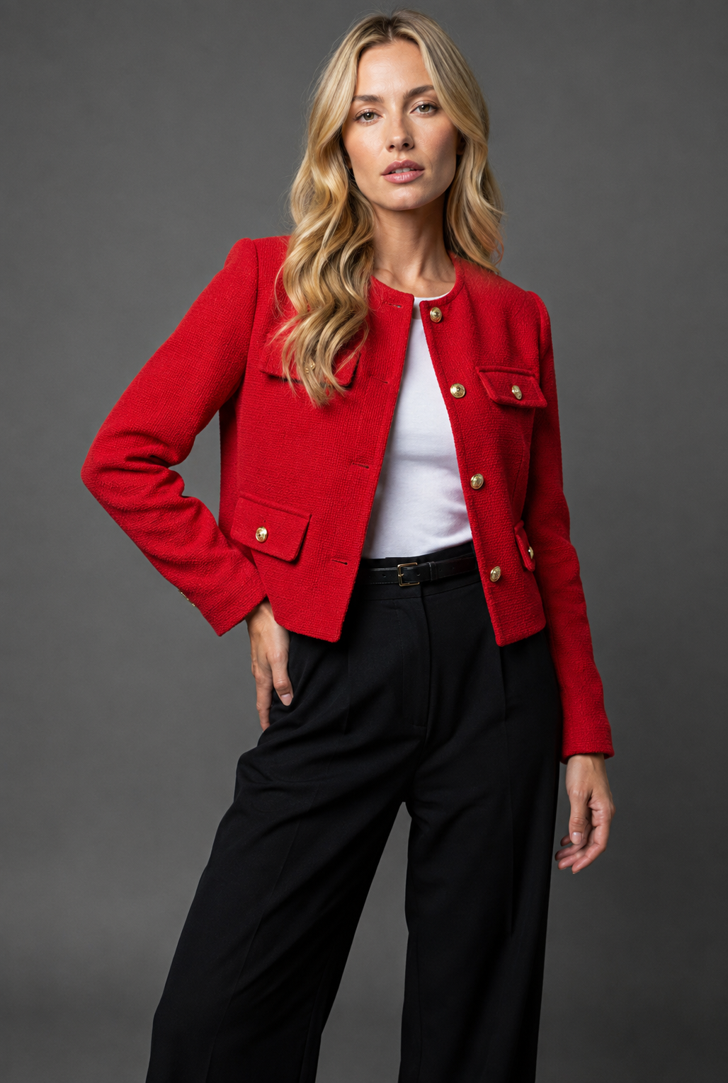 Women's Cropped Tweed Blazer with Gold Buttons | Collarless Jacket with Four Flap Pockets, Waist Length | Size XS-2XL