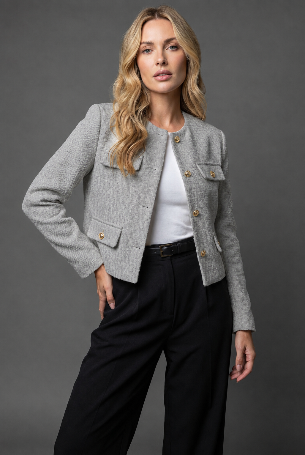 Women's Cropped Tweed Blazer with Gold Buttons | Collarless Jacket with Four Flap Pockets, Waist Length | Size XS-2XL