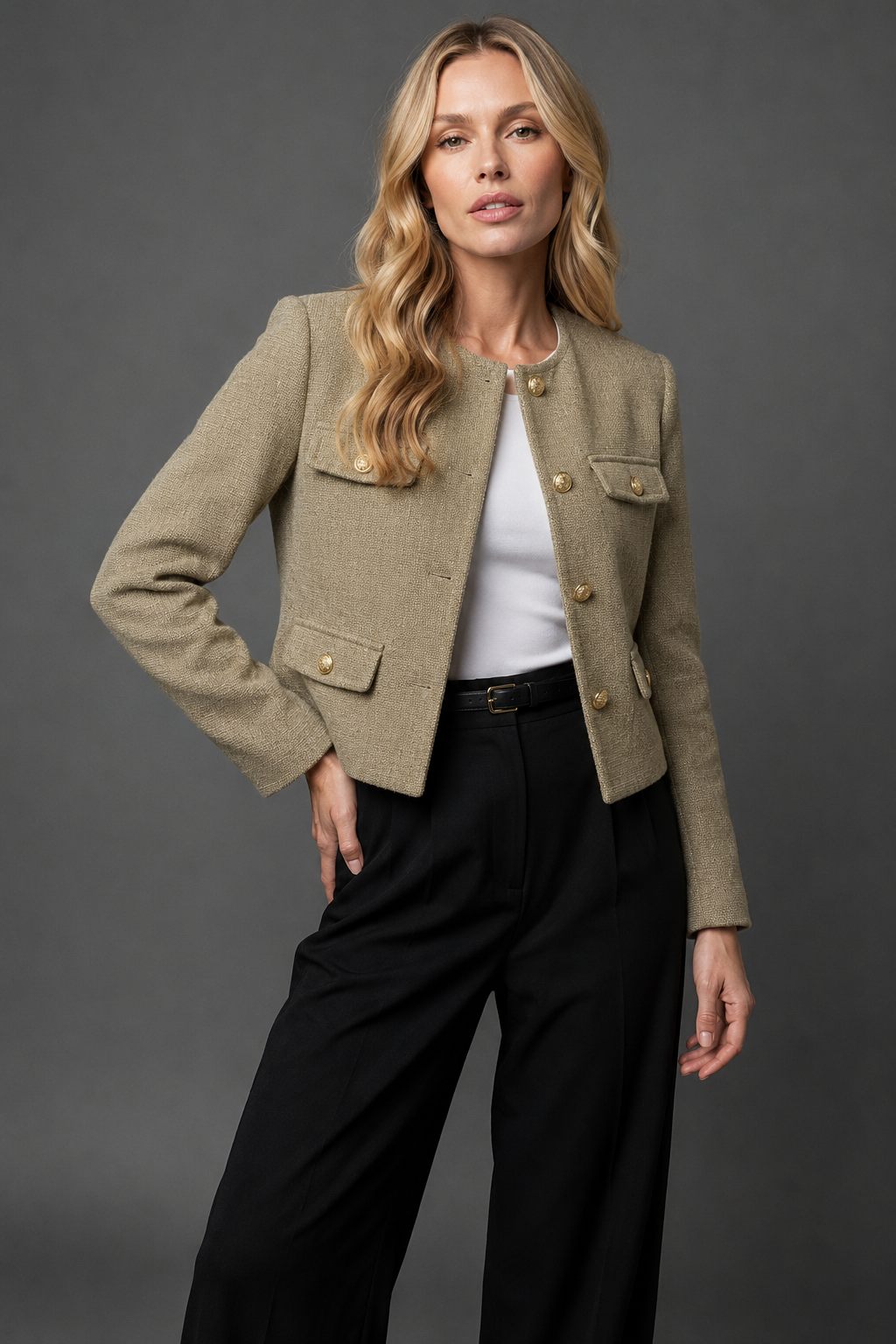 Women's Cropped Tweed Blazer with Gold Buttons | Collarless Jacket with Four Flap Pockets, Waist Length | Size XS-2XL