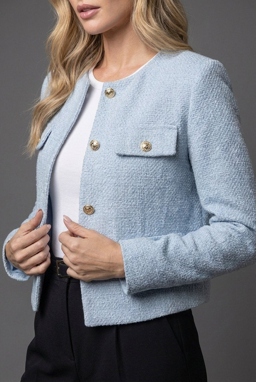 Women's Cropped Tweed Blazer with Gold Buttons | Collarless Jacket with Four Flap Pockets, Waist Length | Size XS-2XL