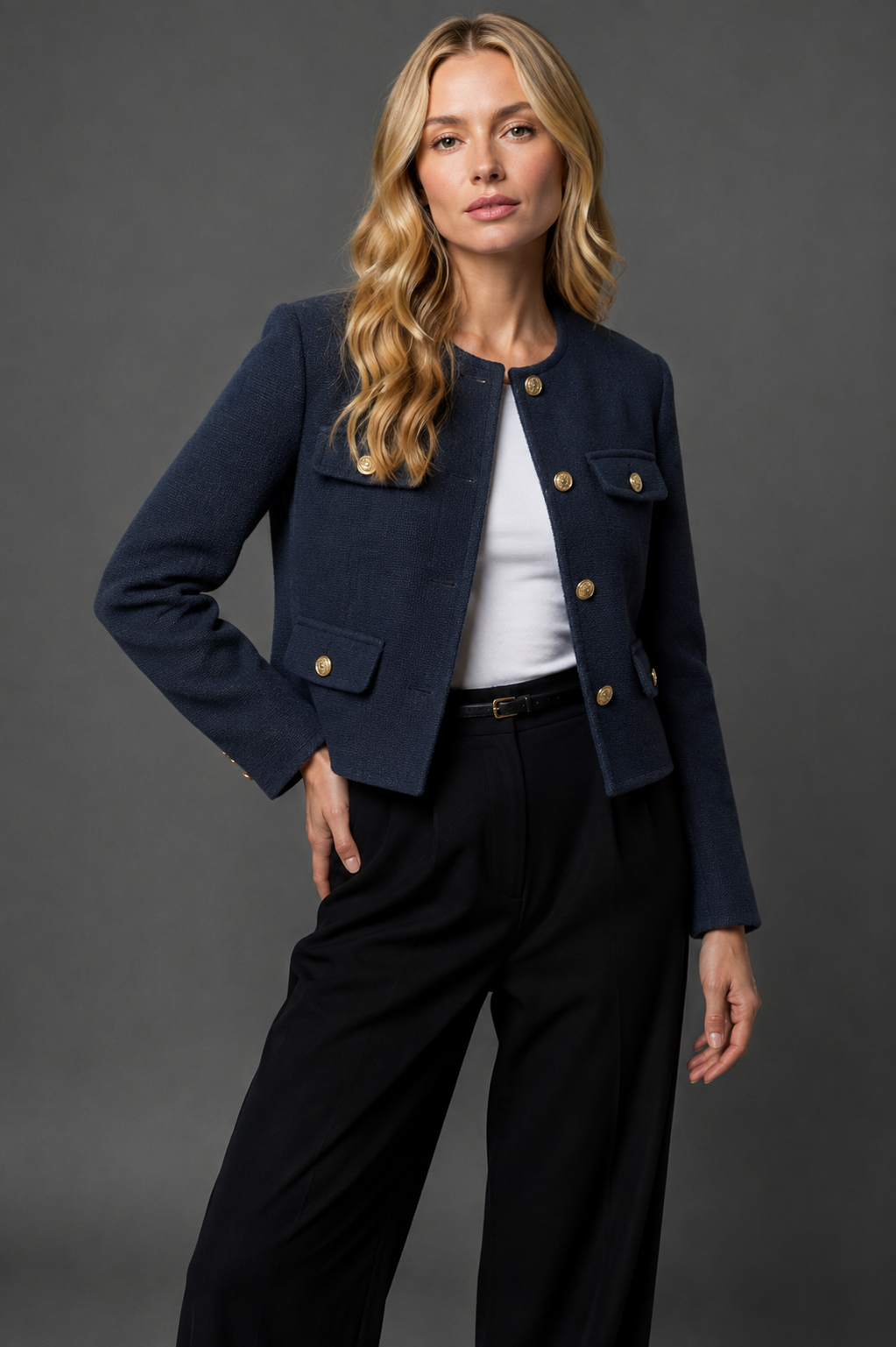 Women's Cropped Tweed Blazer with Gold Buttons | Collarless Jacket with Four Flap Pockets, Waist Length | Size XS-2XL