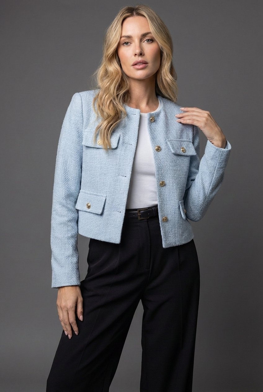 Women's Cropped Tweed Blazer with Gold Buttons | Collarless Jacket with Four Flap Pockets, Waist Length | Size XS-2XL