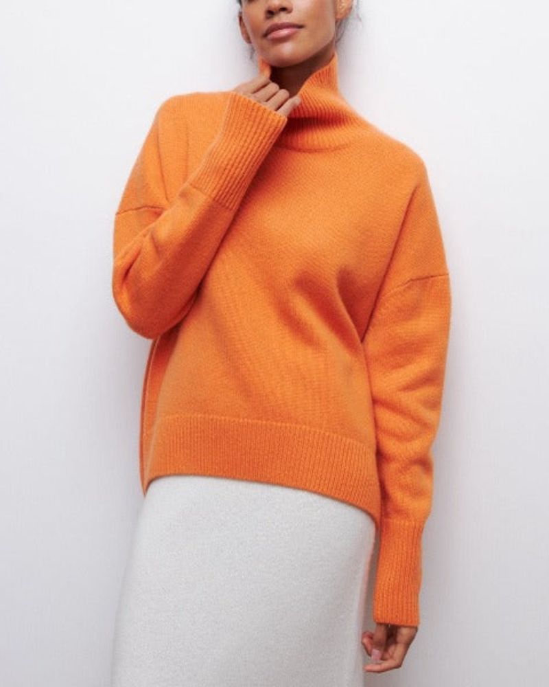 Women's Turtleneck Sweater with Button Front | Size S-XL | Light Blue, Orange, Khaki, Pink, Brown, Grey and 2 more