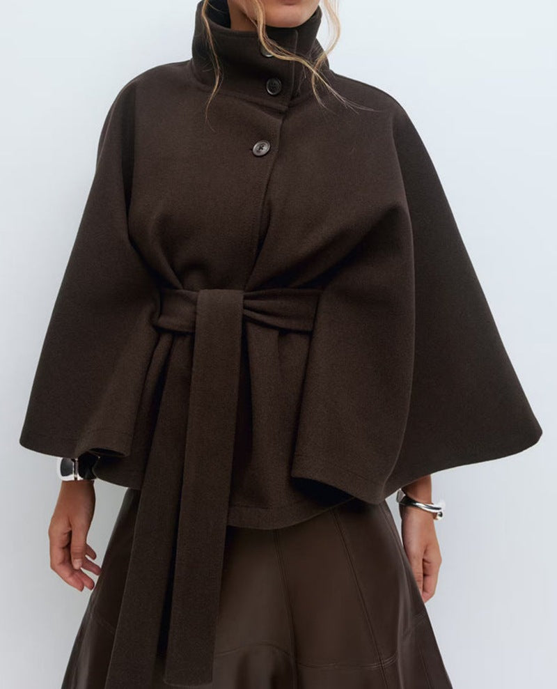 Women's Belted Cape Coat with Stand Collar and Button Closure | Wide Flared Sleeves, Wool-Look Fabric | Size S-2XL