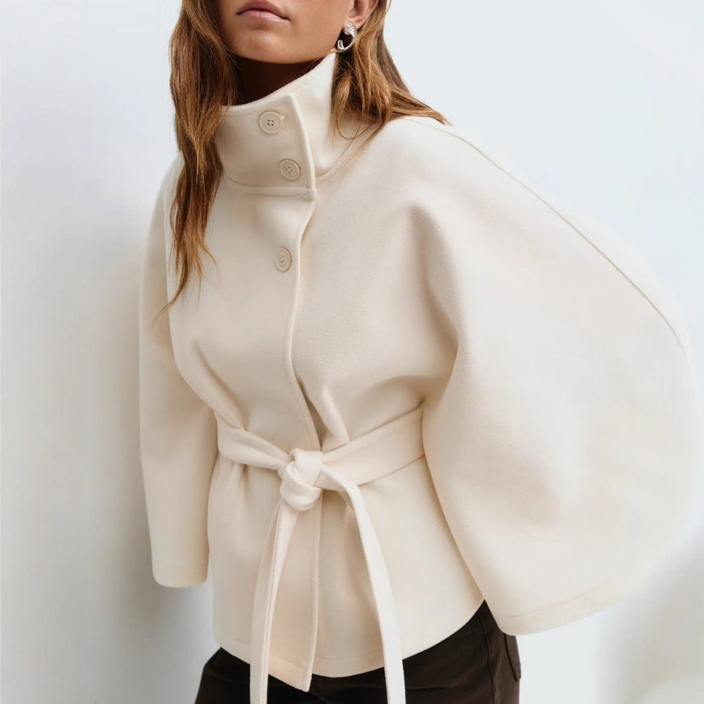 Women's Belted Cape Coat with Stand Collar and Button Closure | Wide Flared Sleeves, Wool-Look Fabric | Size S-2XL