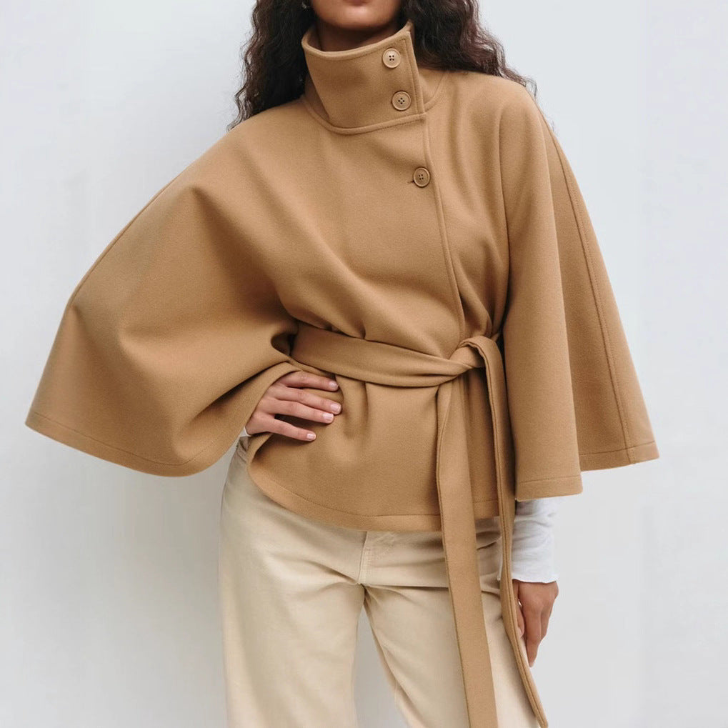 Women's Belted Cape Coat with Stand Collar and Button Closure | Wide Flared Sleeves, Wool-Look Fabric | Size S-2XL