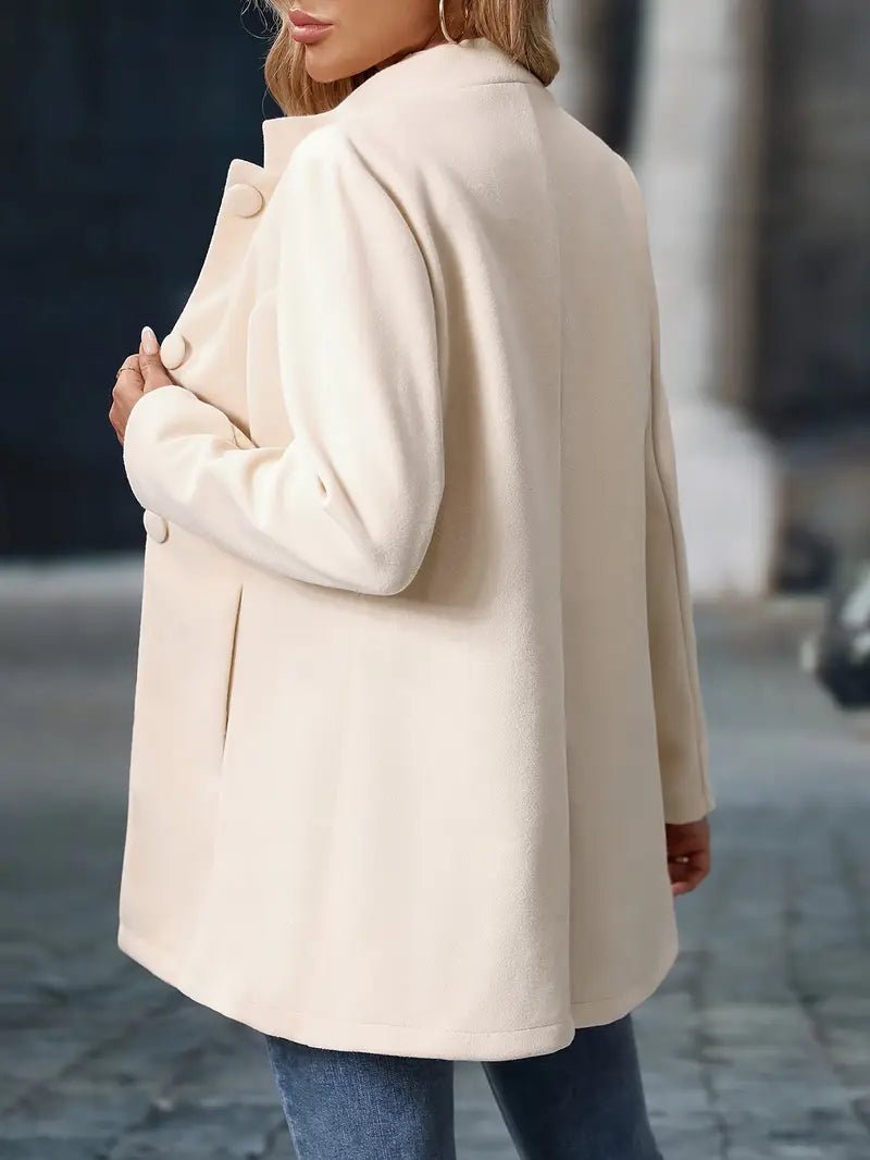Women's Fitted Stand Collar Coat with Button Front and Side Pockets | Tailored Waist, Below-Hip Length | Size XS-2XL