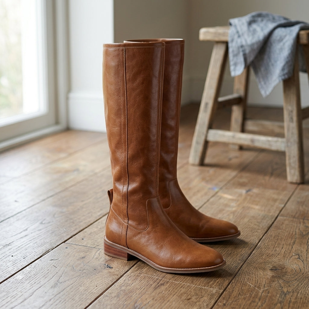 Women's Knee High Riding Boots in a Leather Look | Center Seam Shaft, Low Block Heel, Inside Zip | Sizes 3-9, 2 Colors