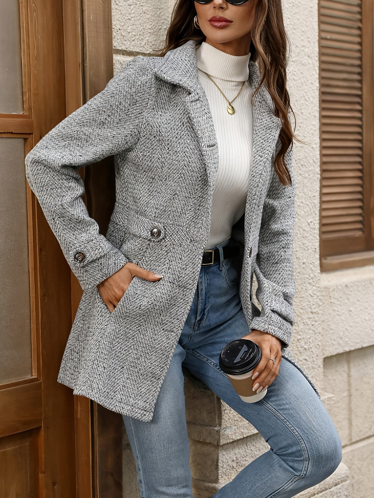 Women's Grey Herringbone Coat with Cinched Waist | Fitted Hip-Length Overcoat with Wide Collar, Wool-Look Weave | Size S-2XL
