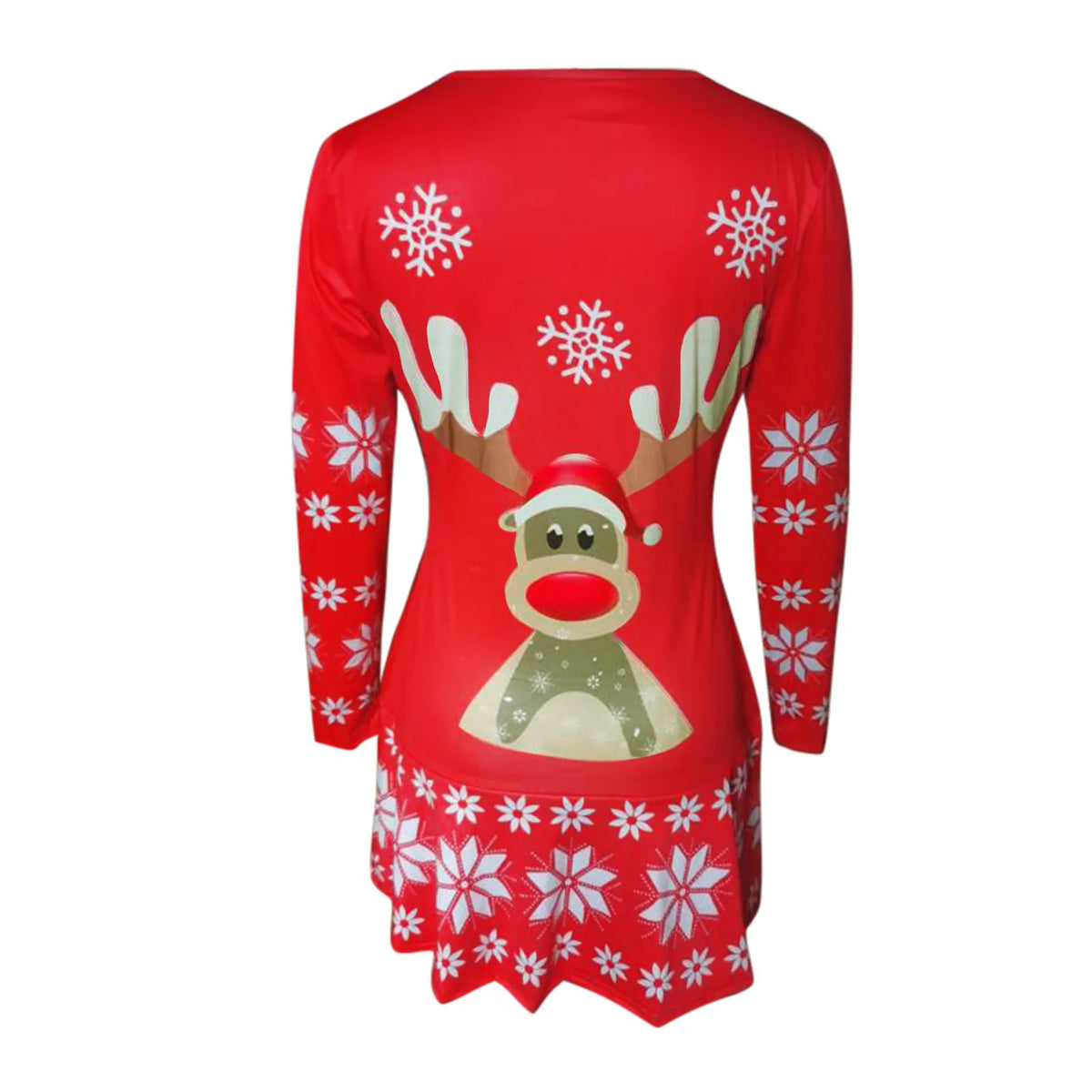 Women's Christmas Sweater Dress with Reindeer Motif | Snowflake Knit Border, Round Neck, Mini Length | Sizes S-2XL