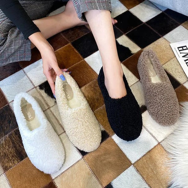 Women's Fuzzy Slippers in a Ballerina Shape | Teddy Lined Slip On Flats with a Rounded Toe | Sizes 5.5 to 11, 4 Colors